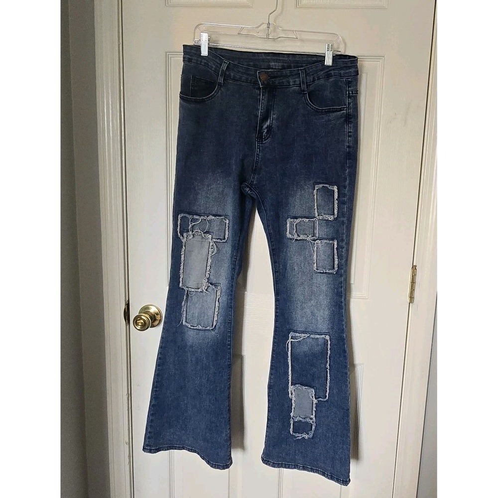 Women's Patch Flare Dark Wash Jeans Size‎ L/32 High Rise